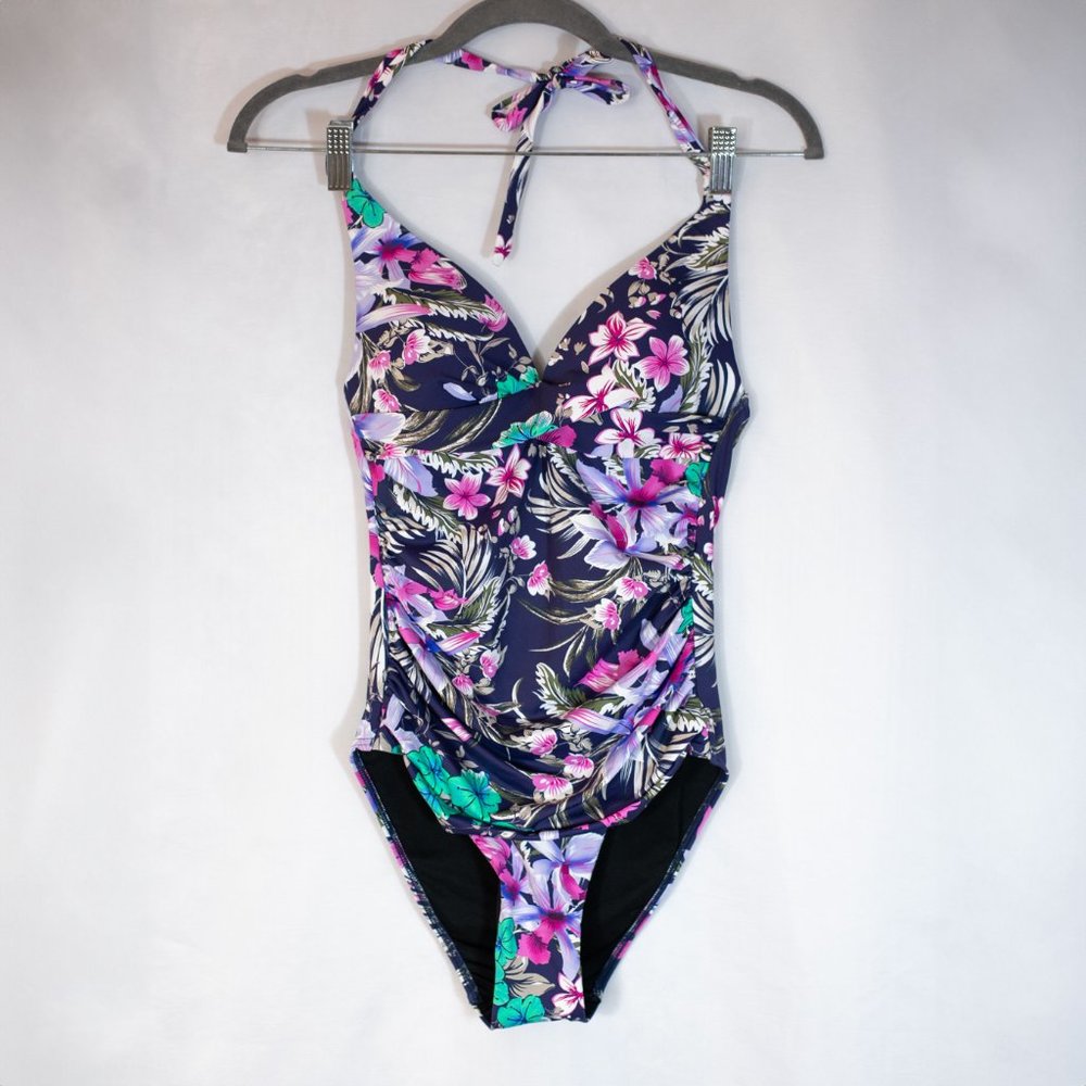 MOONTIDE One Piece Floral Swimsuit Twist Front Halter Size 4 NWOT